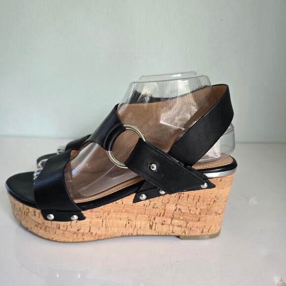 Marc Fisher Rana Wedge Platform Sandals Women's 8M Black Leather Cork Boho - Picture 6 of 12